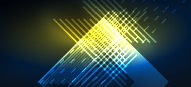 Arkaplanda parlak çizgiler ve geometrik şekiller var. Yapay zeka teknolojisi, engelleme zinciri, dijital, iletişim, 5G, bilim konsepti için karanlık duvar kağıdındaki ışıklar