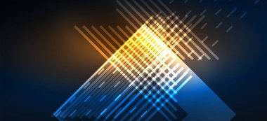 Arkaplanda parlak çizgiler ve geometrik şekiller var. Yapay zeka teknolojisi, engelleme zinciri, dijital, iletişim, 5G, bilim konsepti için karanlık duvar kağıdındaki ışıklar