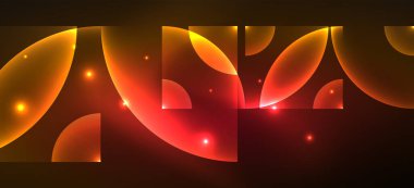 Parlak neon geometrik soyut arkaplan. Yuvarlak şekillerde, üçgenlerde ve dairelerde parlayan ışıklar. Yapay zeka teknolojisi, engelleme zinciri, iletişim için duvar kağıdı, 5G, bilim, iş