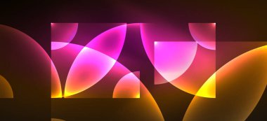 Parlak ışık efektli soyut bir arkaplan. Yuvarlak şekiller, üçgenler ve daireler. Yapay Zeka teknolojisi, engelleme zinciri, iletişim, 5G, bilim, iş ve teknoloji konsepti için duvar kağıdı