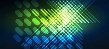 Arkaplanda parlak çizgiler ve geometrik şekiller var. Yapay zeka teknolojisi, engelleme zinciri, dijital, iletişim, 5G, bilim konsepti için karanlık duvar kağıdındaki ışıklar