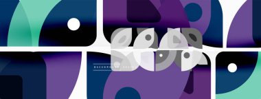 Renkli minimetrik geometrik soyut arkaplan. Yuvarlak elementlerle üçgen şekli, daireler. Duvar kağıdı, afiş, arkaplan veya iniş için moda tekno iş şablonu