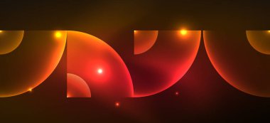 Parlak neon geometrik soyut arkaplan. Yuvarlak şekillerde, üçgenlerde ve dairelerde parlayan ışıklar. Yapay zeka teknolojisi, engelleme zinciri, iletişim için duvar kağıdı, 5G, bilim, iş