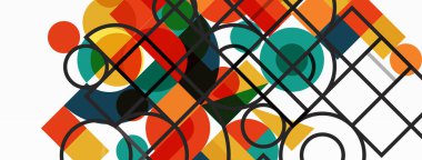 Güzel soyut bir arka plan. Çemberler, üçgen şekiller ve kareler. Duvar kağıdı, pankart, arkaplan veya iniş için en küçük geometrik şablon