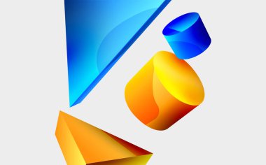 3d vektör minimalist geometrik soyut arkaplan. Üçgen, silindir, piramit temel şekil bileşimi. Duvar kağıdı, afiş, arkaplan veya iniş için moda tekno iş şablonu