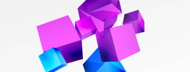 3d vektör soyut arkaplan. Uçan küp kompozisyonu. Duvar kağıdı, afiş, arkaplan veya iniş için moda tekno iş şablonu