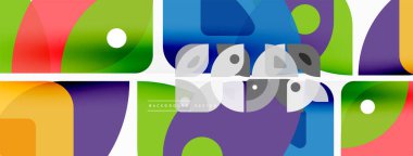 Renkli minimetrik geometrik soyut arkaplan. Yuvarlak elementlerle üçgen şekli, daireler. Duvar kağıdı, afiş, arkaplan veya iniş için moda tekno iş şablonu