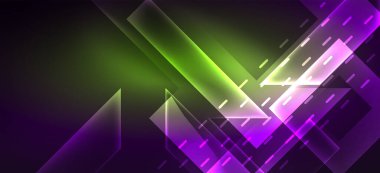 Arkaplanda parlak çizgiler ve geometrik şekiller var. Yapay zeka teknolojisi, engelleme zinciri, dijital, iletişim, 5G, bilim konsepti için karanlık duvar kağıdındaki ışıklar