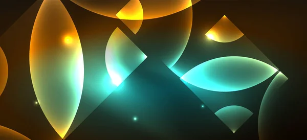 Glanzende Neon Geometrische Abstracte Achtergrond Gloeilampen Ronde Vormen Driehoeken Cirkels — Stockvector