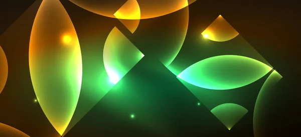 Parlak Neon Geometrik Soyut Arkaplan Yuvarlak Şekillerde Üçgenlerde Dairelerde Parlayan — Stok Vektör