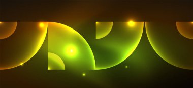 Parlak neon geometrik soyut arkaplan. Yuvarlak şekillerde, üçgenlerde ve dairelerde parlayan ışıklar. Yapay zeka teknolojisi, engelleme zinciri, iletişim için duvar kağıdı, 5G, bilim, iş