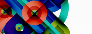 Yaratıcı geometrik duvar kağıdı. Asgari soyut arkaplan. Beyaz arkaplanda parlak renkli geometrik şekiller. Duvar kağıdı, afiş, arkaplan veya iniş için iş şablonu