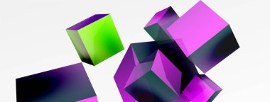 3d vektör soyut arkaplan. Uçan küp kompozisyonu. Duvar kağıdı, afiş, arkaplan veya iniş için moda tekno iş şablonu