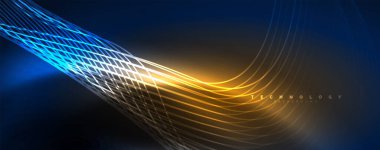 Parlak neon dalgalar, dinamik elektrik hareketi, enerji ya da hız kavramı. Duvar kağıdı, afiş, arkaplan, broşür, katalog, kapak, broşür