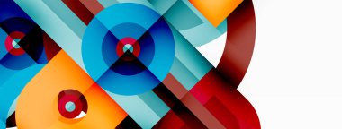 Yaratıcı geometrik duvar kağıdı. Asgari soyut arkaplan. Beyaz arkaplanda parlak renkli geometrik şekiller. Duvar kağıdı, afiş, arkaplan veya iniş için iş şablonu