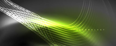 Parlak neon dalgalar, dinamik elektrik hareketi, enerji ya da hız kavramı. Duvar kağıdı, afiş, arkaplan, broşür, katalog, kapak, broşür