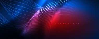 Tekno neon dalga çizgileri, dinamik elektrik hareketi, hız kavramı. Duvar kağıdı, afiş, arkaplan, iniş sayfası, duvar sanatı, davetiye, baskılar için şablonlar