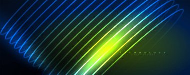 Parlak neon dalgalar, dinamik elektrik hareketi, enerji ya da hız kavramı. Duvar kağıdı, afiş, arkaplan, broşür, katalog, kapak, broşür