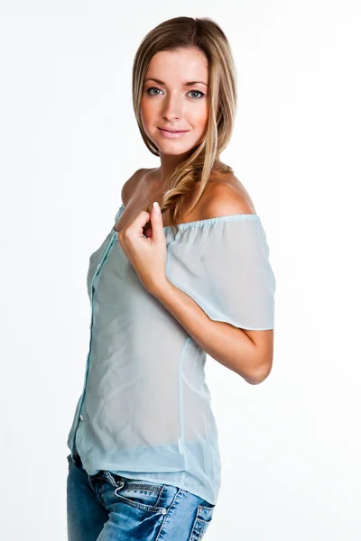 Woman in blue transparent blouse — Stock Photo, Image