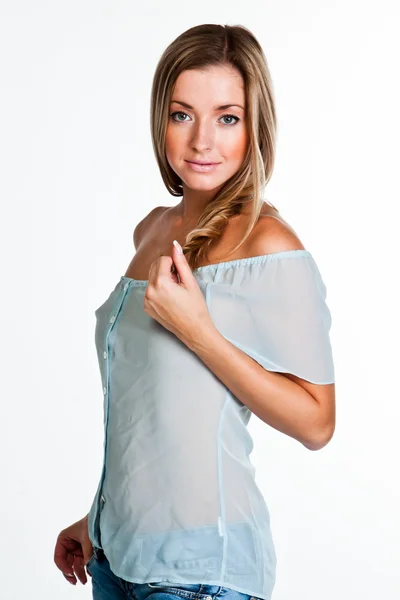 Woman in blue transparent blouse — Stock Photo, Image