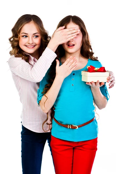 Menina dá uma menina um presente — Fotografia de Stock