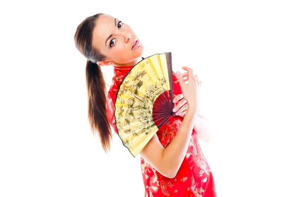 Mujer en un vestido rojo chino — Foto de Stock