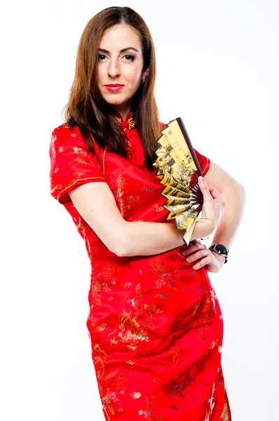 Egy piros kínai ruhás nő — Stock Fotó