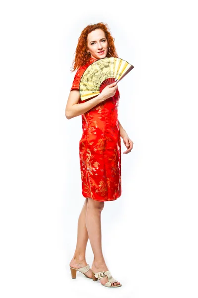 빨간 중국 옷 입은 여자 — 스톡 사진