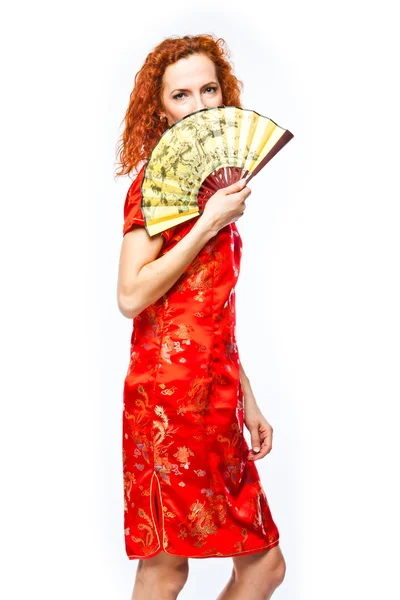 Woman in a red Chinese dress — Stock Photo, Image