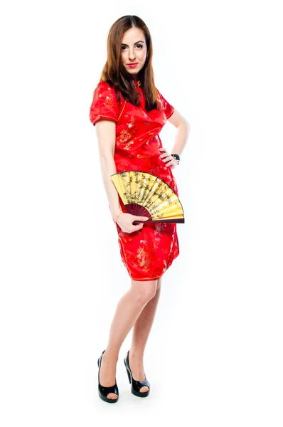 Woman in a red Chinese dress — Stock Photo, Image