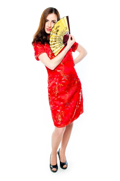 Egy piros kínai ruhás nő — Stock Fotó