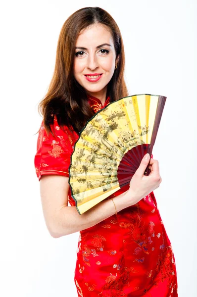 Woman in a red Chinese dress — Stock Photo, Image