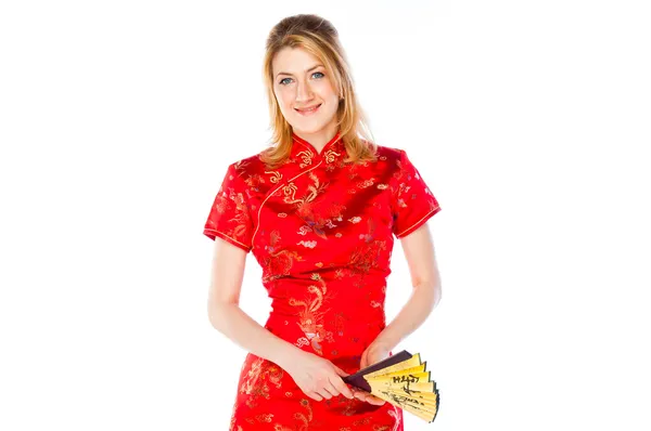 Woman in a red Chinese dress — Stock Photo, Image