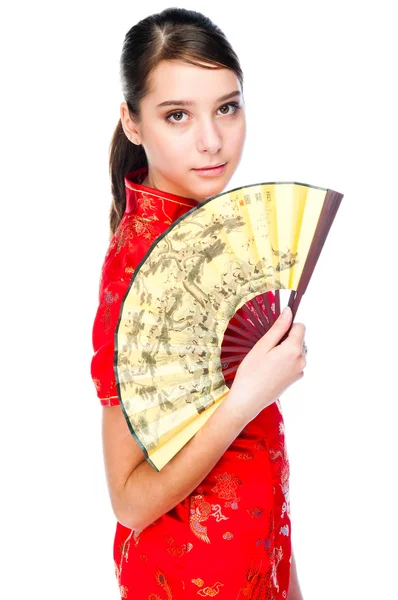 Donna in abito rosso cinese — Foto Stock