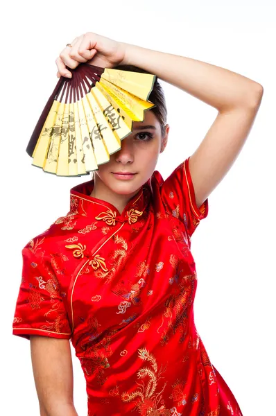 Woman in a red Chinese dress — Stock Photo, Image