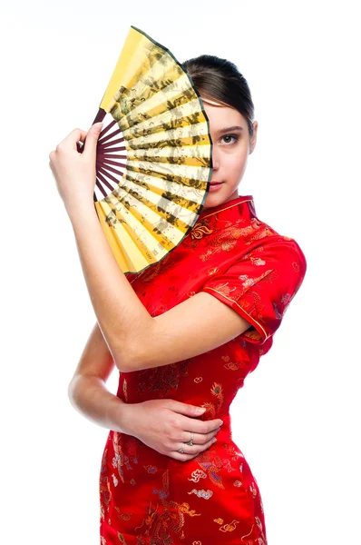 Woman in a red Chinese dress — Stock Photo, Image