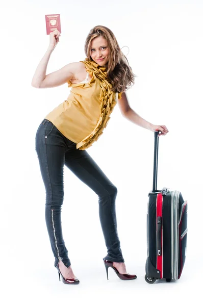 スーツケースを着た女性が — ストック写真