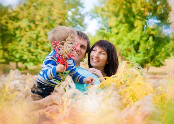 一个年轻的家庭，一个婴儿在户外的秋天 — 图库照片