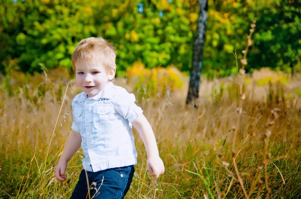 Little boy running plays in the grass — Stock Photo, Image