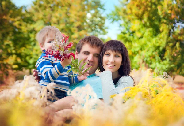 Una familia joven con un bebé en la naturaleza en la hierba larga —  Fotos de Stock