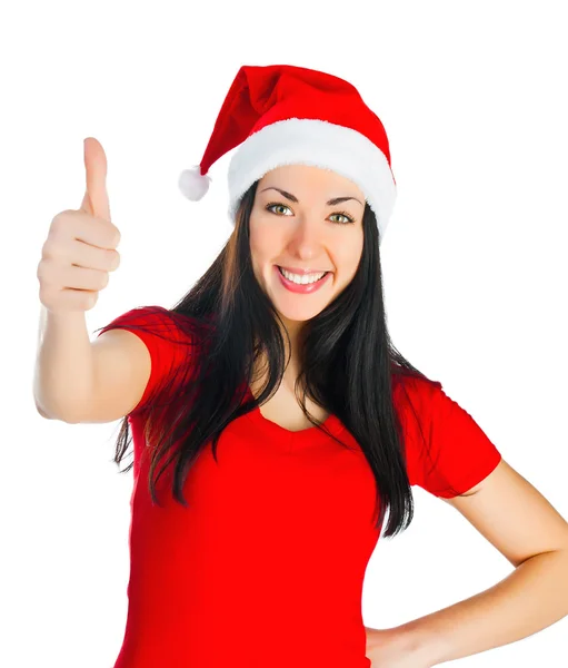 Attractive Santa girl showing thumbs up — Stock Photo, Image