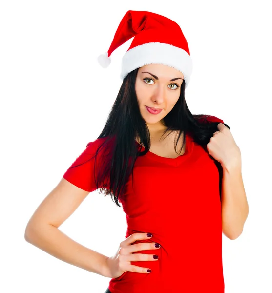 Attractive santa girl posing on white — Stock Photo, Image