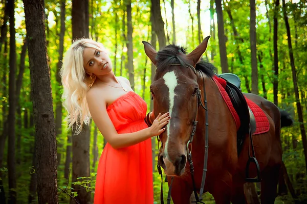 Jovem menina atraente com cavalo na floresta — Fotografia de Stock