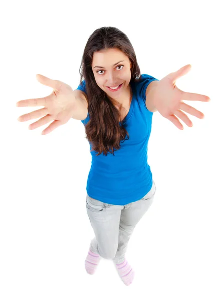 Young happy girl pulls hands up — Stok fotoğraf