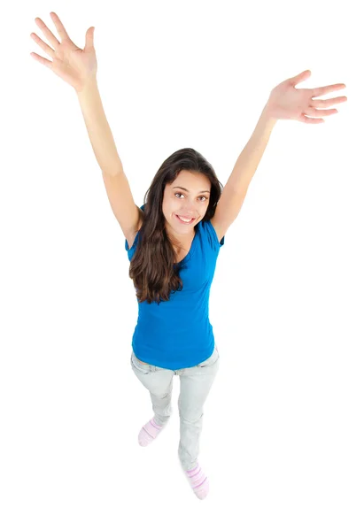 Young happy girl pulls hands up — Stok fotoğraf