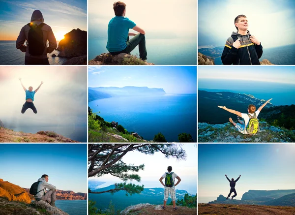 Viaggiatore turistico in montagna con vista sul mare, collage — Foto Stock