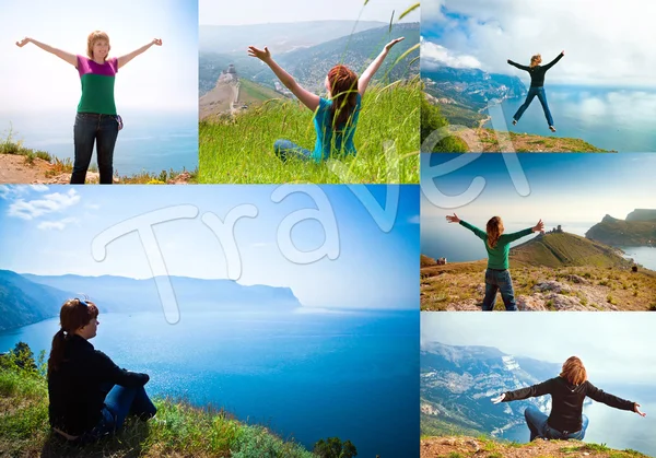Donna turistica in montagna, collage — Foto Stock