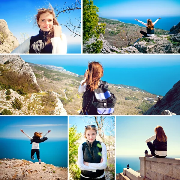 Young girl tourist in mountains — Stock Photo, Image