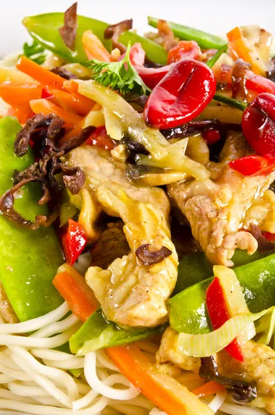 Tagliatelle con carne di maiale e verdure in salsa di prugne — Foto Stock