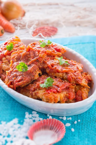 Fish in Greek kind with vegetables and tomato sauce — Stock Photo, Image
